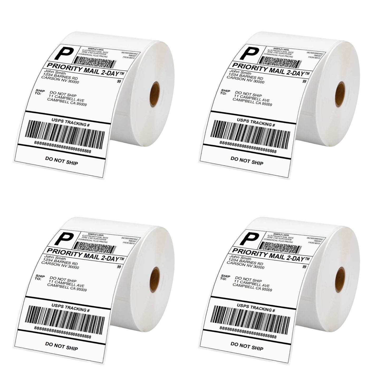 Four rolls of white direct thermal waybill labels with printed barcodes and 'PRIORITY MAIL' text, indicating they are used for shipping and logistics.