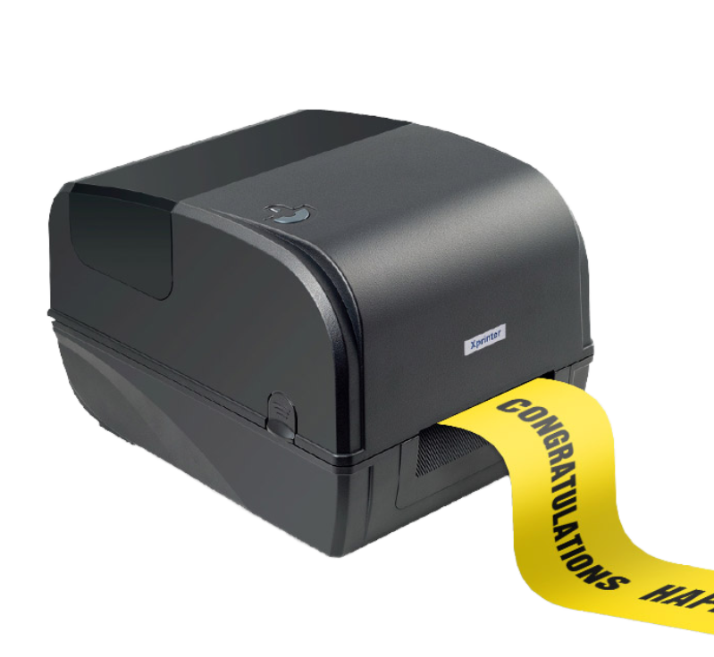 Black label printer with yellow tape displaying 'Congratulations' on a white background