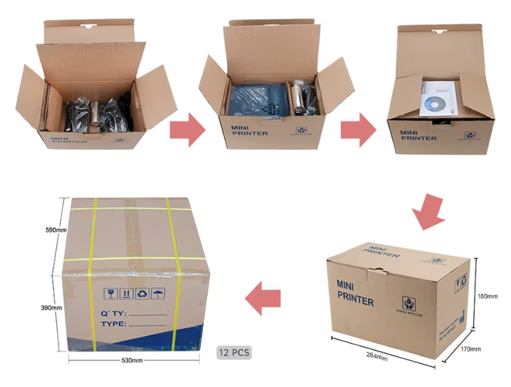 Illustration of cardboard boxes with packaging contents and dimensions on a white background