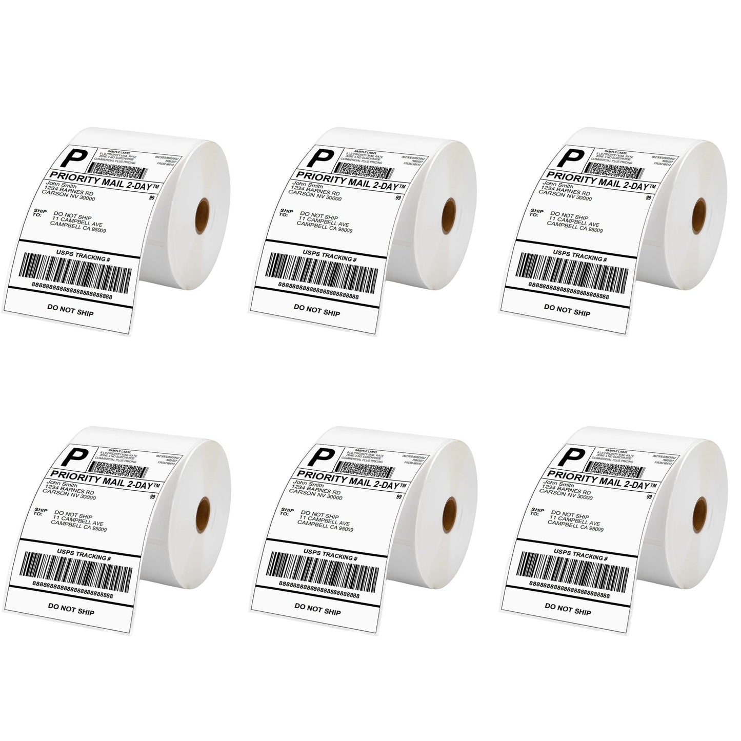 Six rolls of direct thermal waybill labels, each roll with multiple labels arranged in a pattern, predominantly white with printed text and barcode.