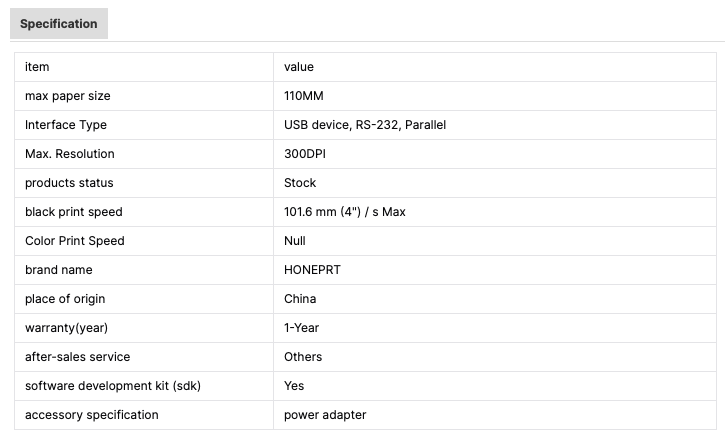 Product specification table with various details on a white background