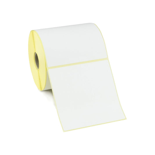 A roll of white thermal labels designed for use in e-commerce shipping and labeling.