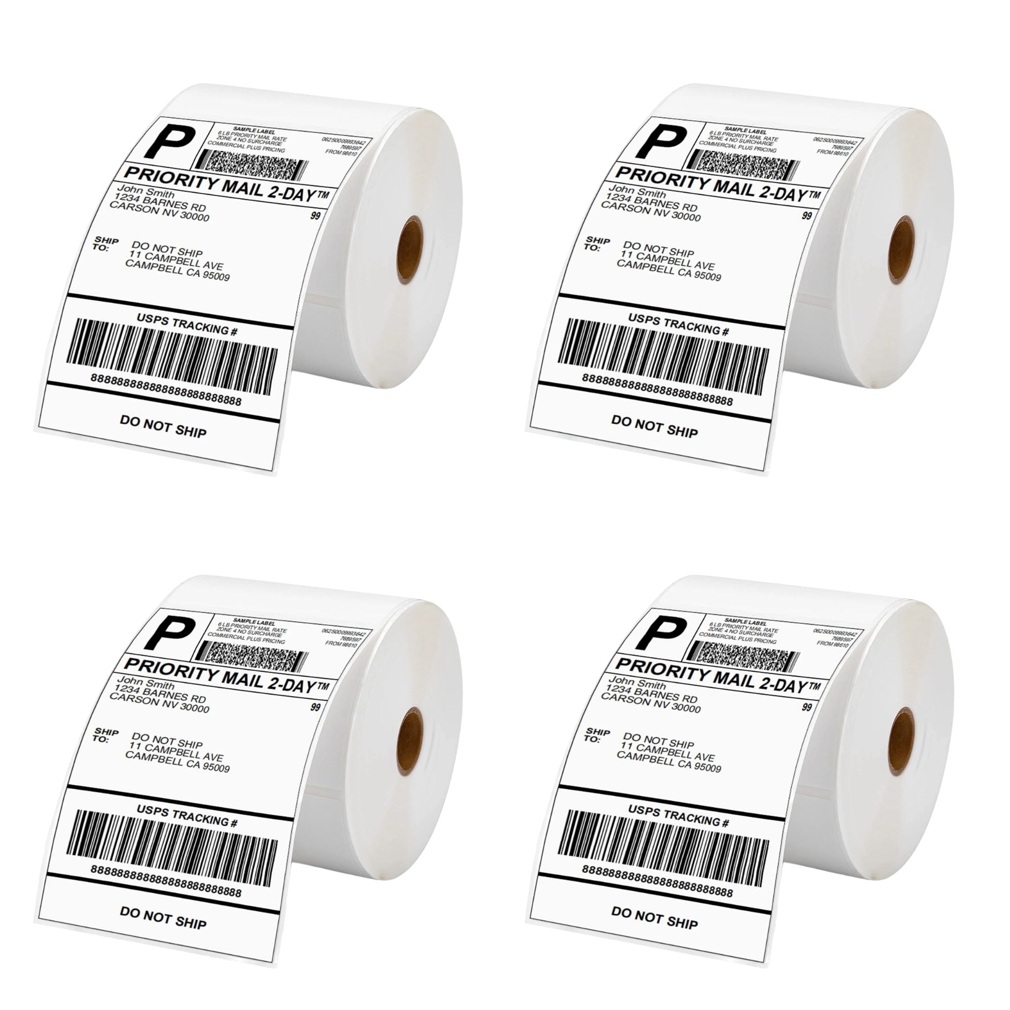 Four rolls of white direct thermal waybill labels with printed barcodes and 'PRIORITY MAIL' text, indicating they are used for shipping and logistics.