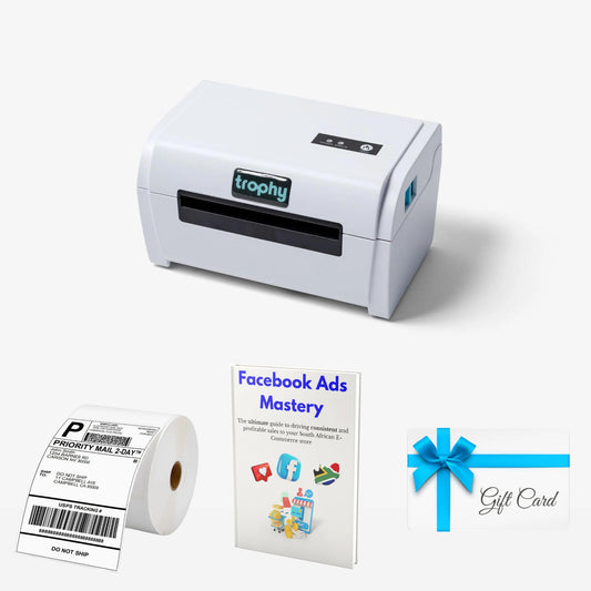 A white thermal printer with a Facebook logo on the top, alongside images of a roll of waybill labels, a label holder, a gift card, and an e-book cover.