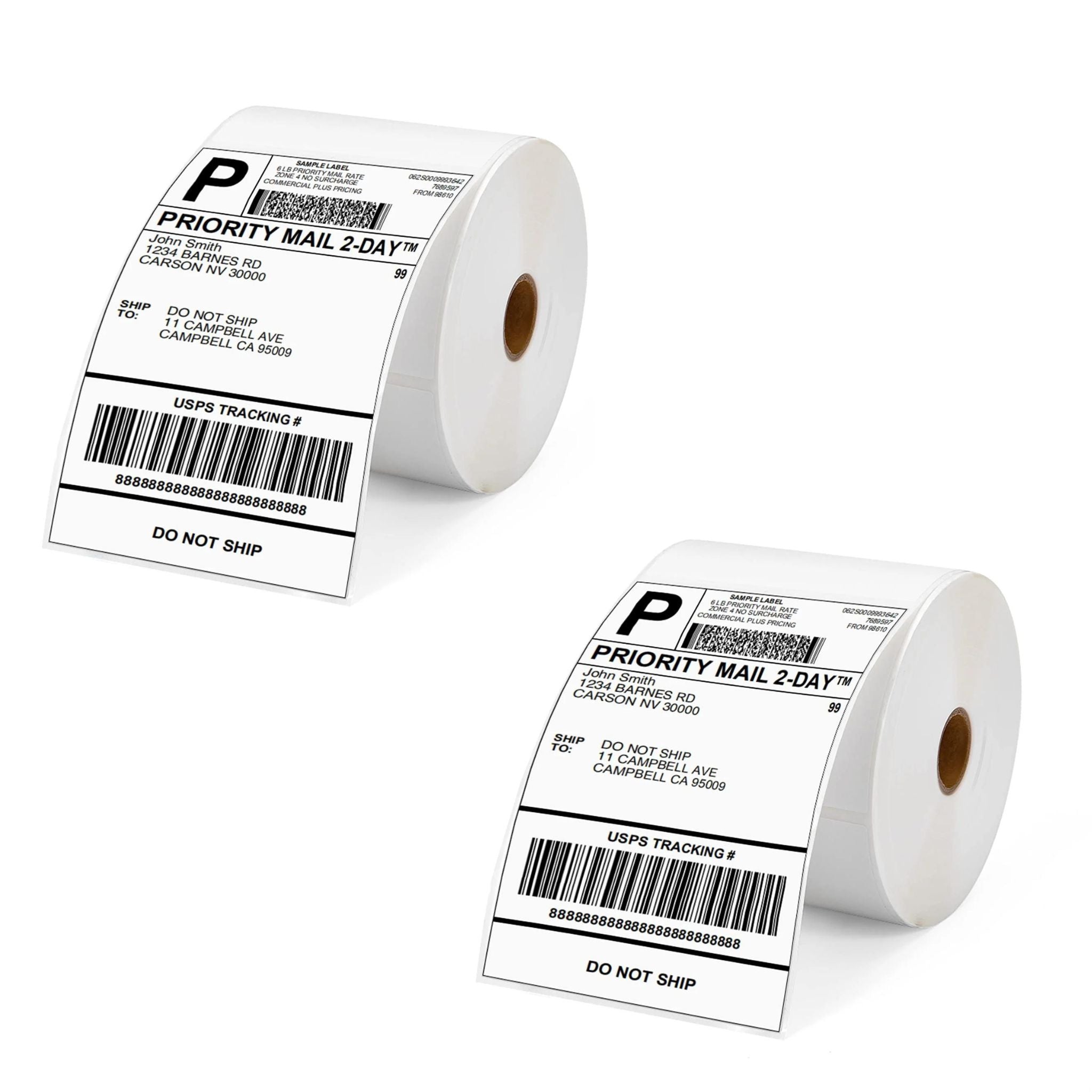 Two rolls of direct thermal waybill labels with printed barcodes and 'PRIORITY MAIL 2-DAY' text.
