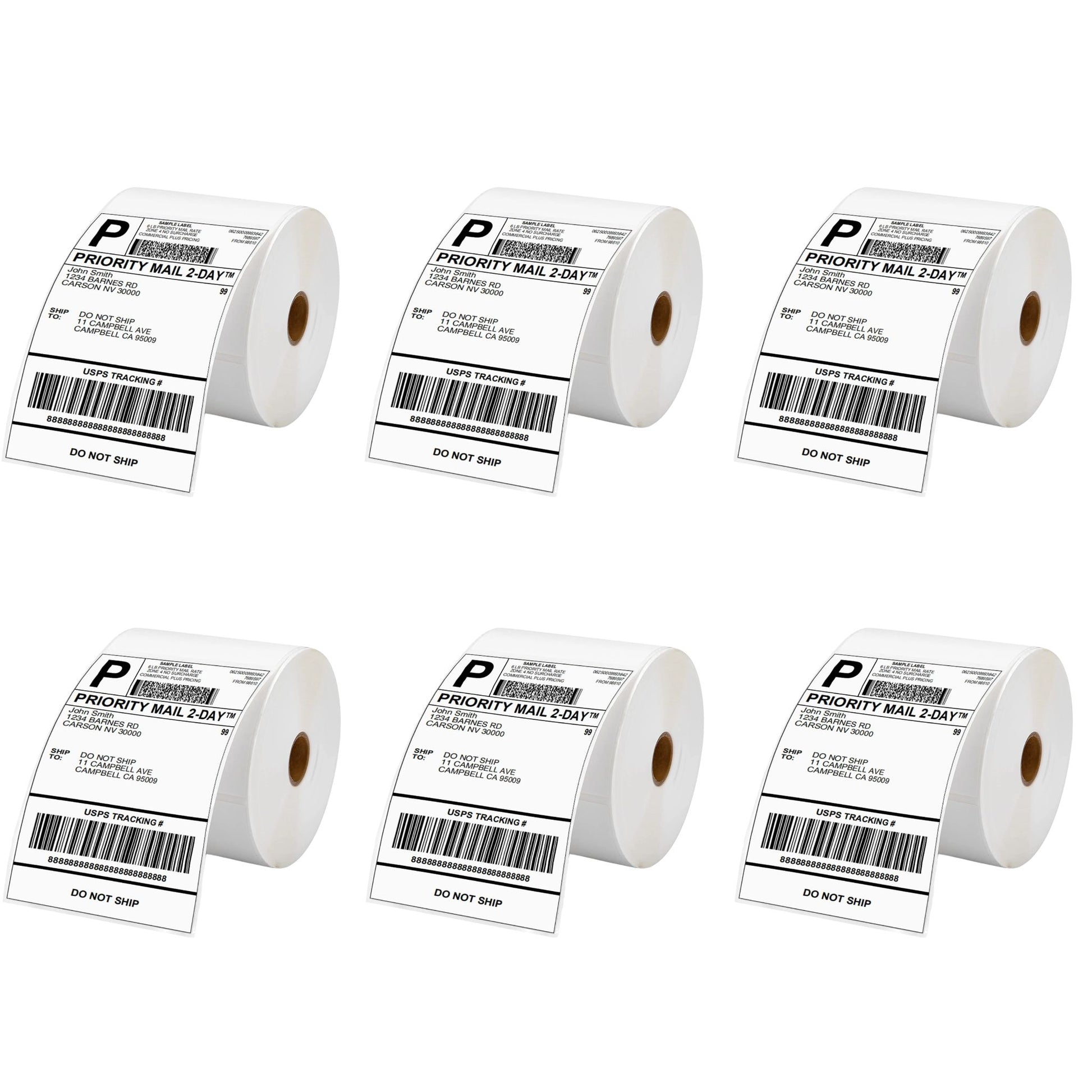 Six rolls of direct thermal waybill labels, each roll with multiple labels arranged in a pattern, predominantly white with printed text and barcode.